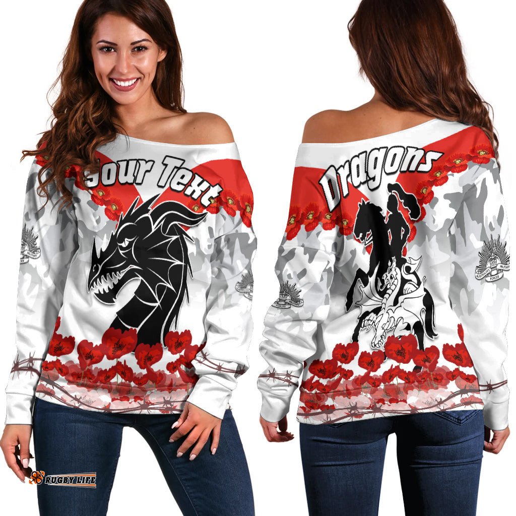 Custom Personalised Dragons Anzac Women Off Shoulder Sweater We Will Remember Them