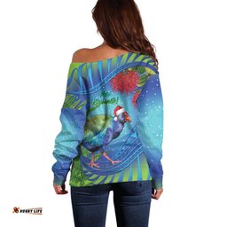 New Zealand Takahe Christmas Off Shoulder Sweater Maori Fern Mix Pohotukawa