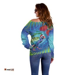 New Zealand Takahe Christmas Off Shoulder Sweater Maori Fern Mix Pohotukawa
