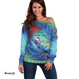 New Zealand Takahe Christmas Off Shoulder Sweater Maori Fern Mix Pohotukawa