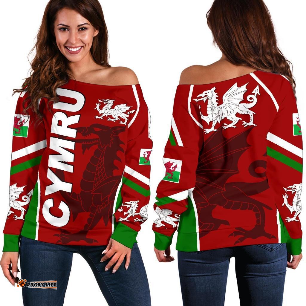 Wales Off Shoulder Sweater Cymru Red Dragon