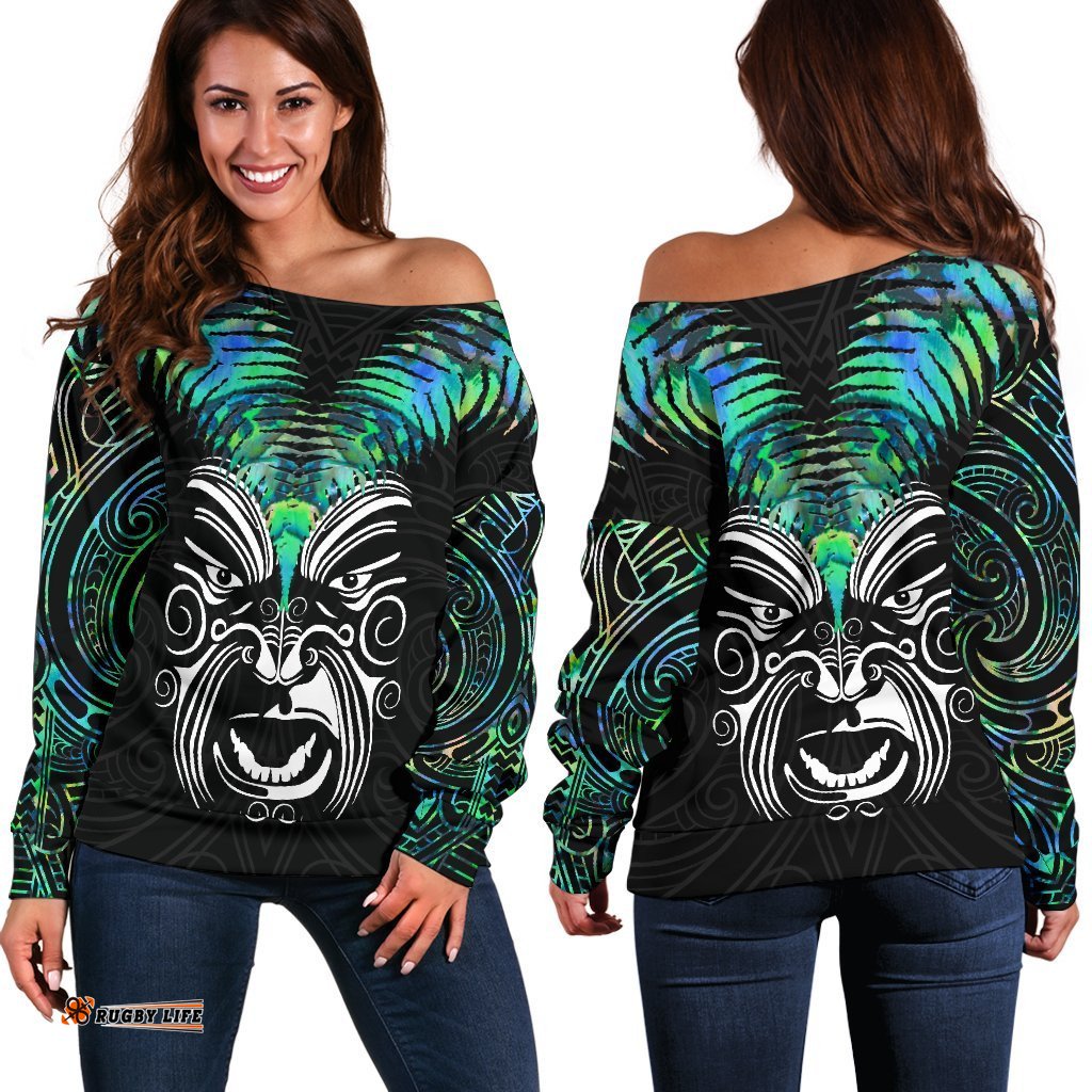 New Zealand Maori Moko Women's Off Shoulder Sweater Paua Shell