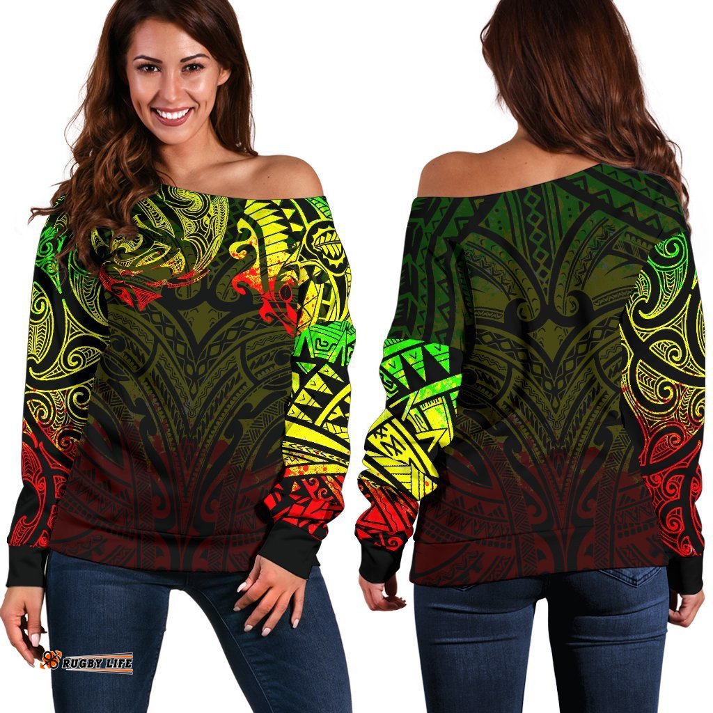 New Zealand Women's Off Shoulder Sweater, Maori Polynesian Tattoo Reggage