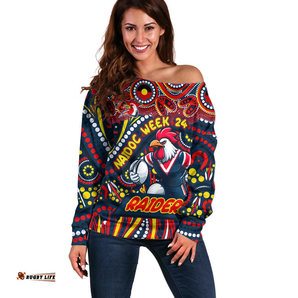 Custom Australia NAIDOC Week 2024 Off Shoulder Sweater Sydney Roosters Mascot Keep The Fire Burning