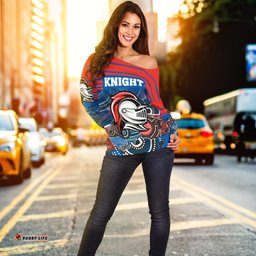 Custom Personalised Knights Women's Off Shoulder Sweater Newcastle Aboriginal Horizontal Style 03