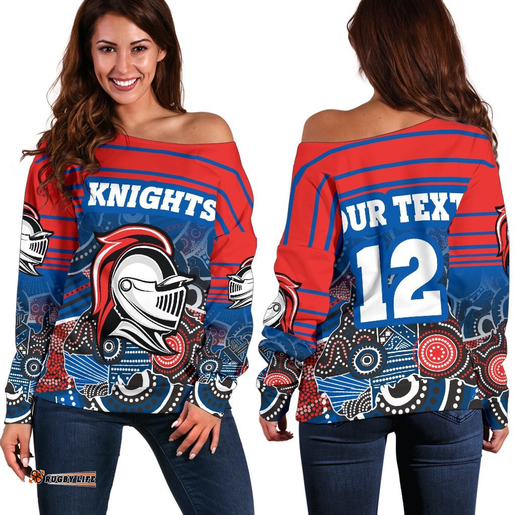 Custom Personalised Knights Women's Off Shoulder Sweater Newcastle Aboriginal Horizontal Style 03