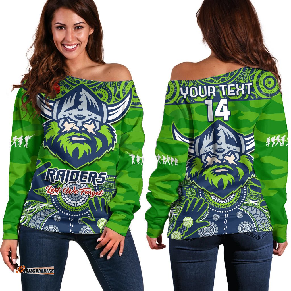 Custom Text And Number Raiders Rugby ANZAC Off Shoulder Sweater Dots Poppy Mix Camouflage Lest We Forget