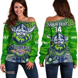 Custom Text And Number Raiders Rugby ANZAC Off Shoulder Sweater Dots Poppy Mix Camouflage Lest We Forget