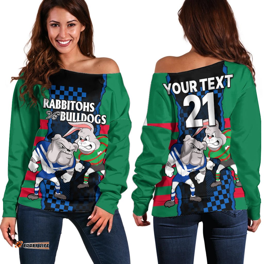 Custom Text And Number NRL Combine Rabbitohs and Bulldogs Off Shoulder Sweater 05