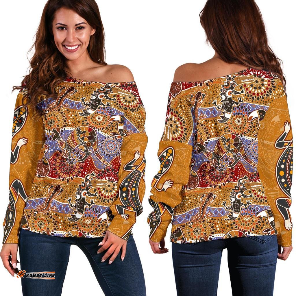 Off Shoulder Sweater Aboriginal Patterns Sweater Australian Animals