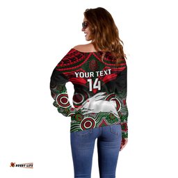 Personalised Rabbitohs Rugby Off Shoulder Sweater Souths 1908 Aboriginal Mix Polynesian Pattern