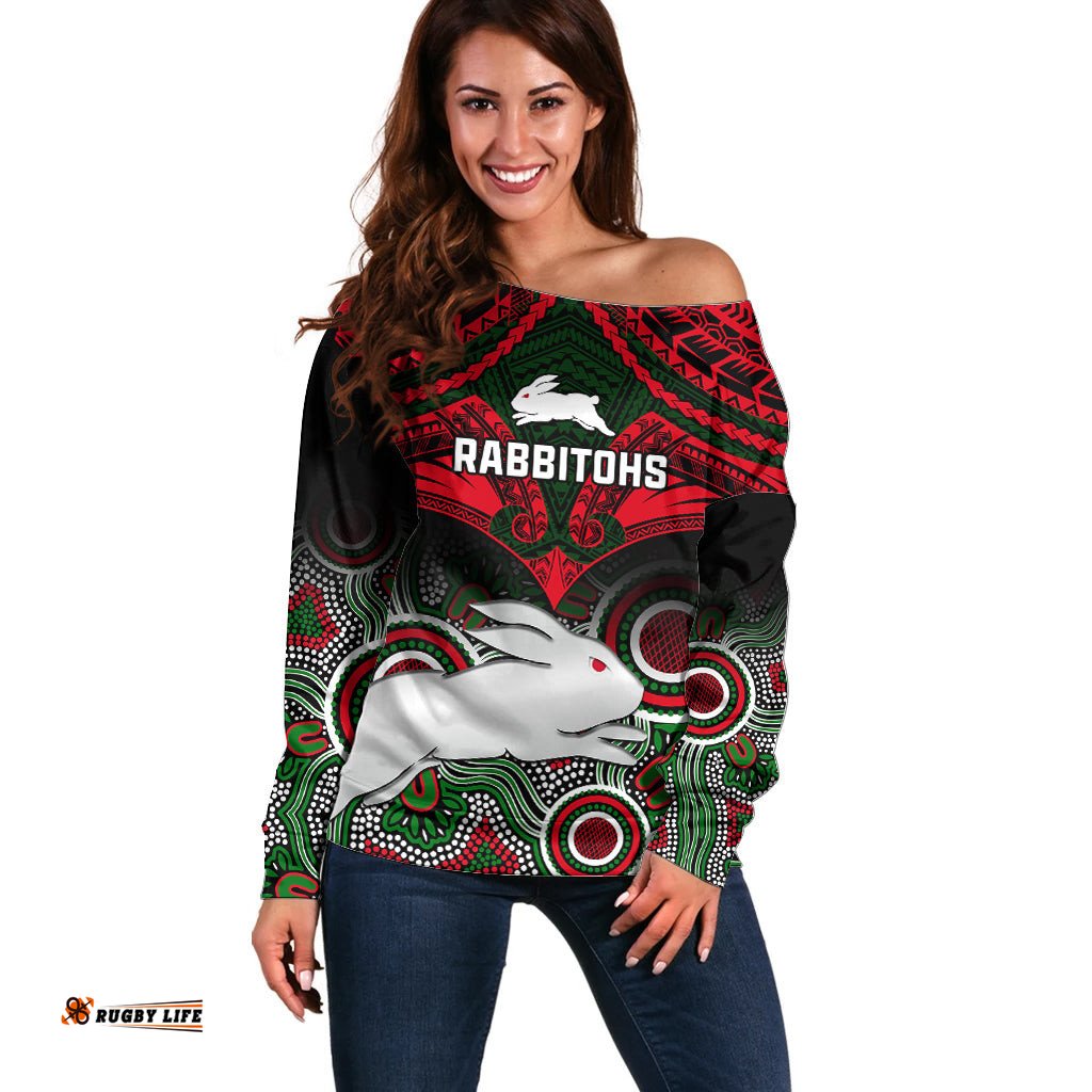 Personalised Rabbitohs Rugby Off Shoulder Sweater Souths 1908 Aboriginal Mix Polynesian Pattern