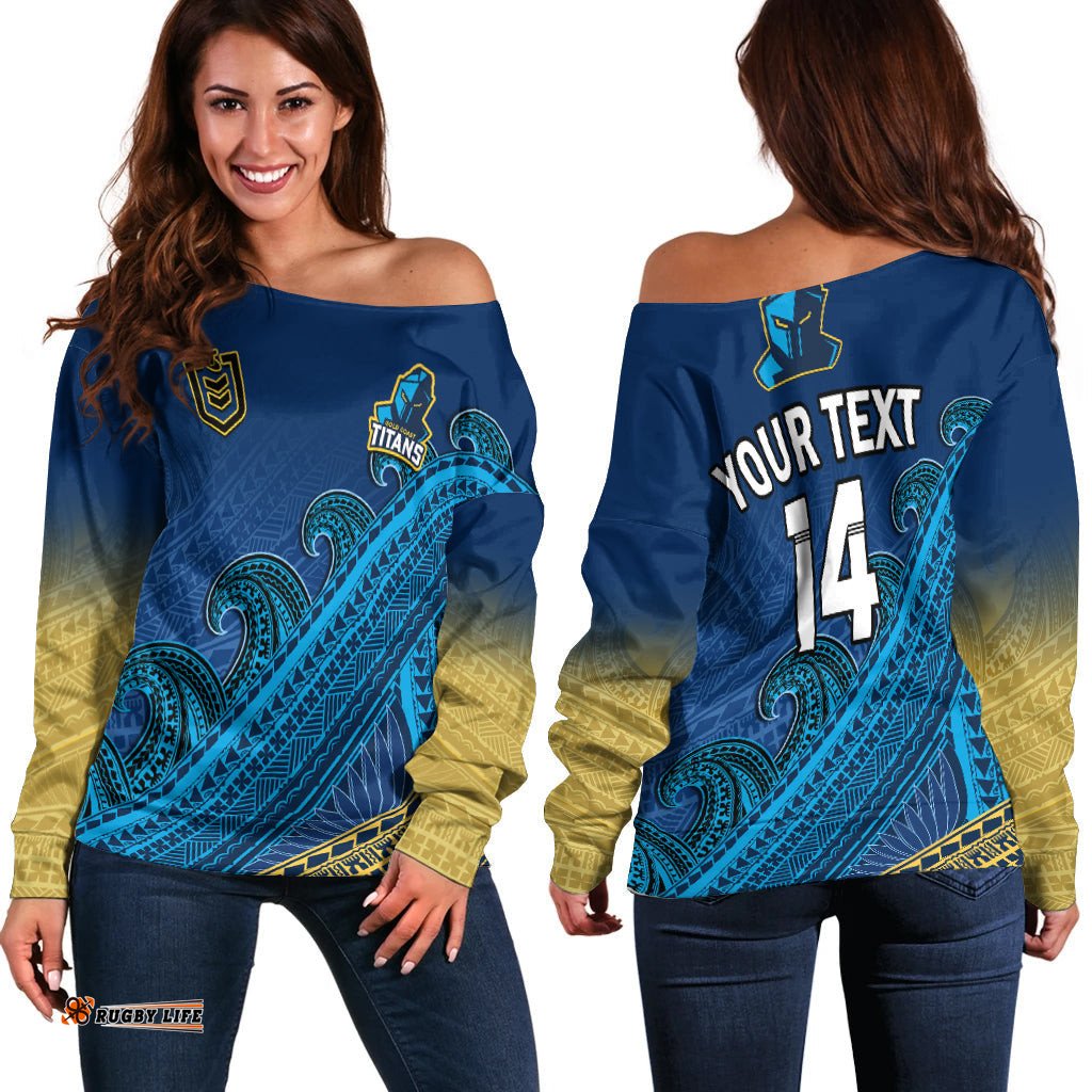 Custom Text And Number Gold Coast Titans Rugby Off Shoulder Sweater Pasifika Gradient Polynesian Pattern
