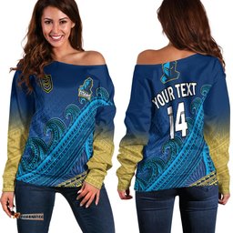 Custom Text And Number Gold Coast Titans Rugby Off Shoulder Sweater Pasifika Gradient Polynesian Pattern