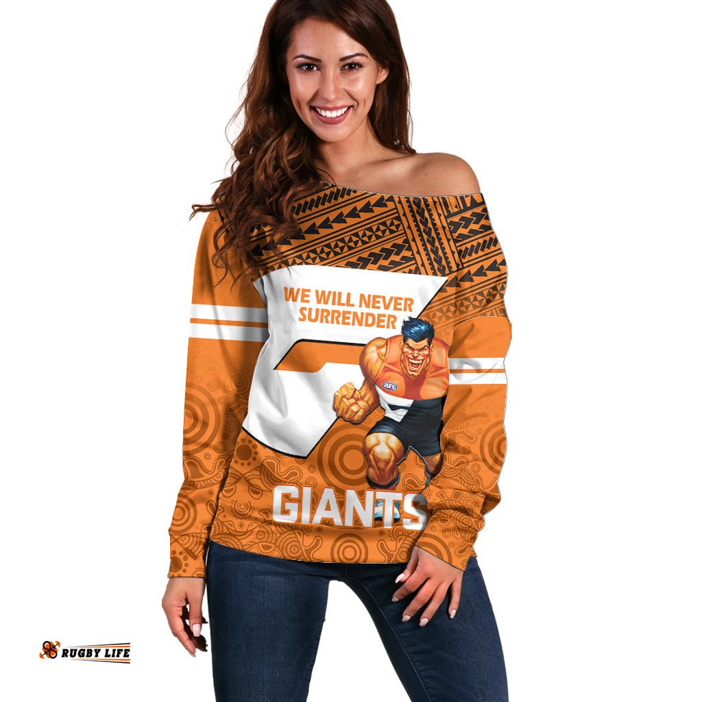 Personalised Giants Football Off Shoulder Sweater GWS Go Champions Polynesian Indigenous Art