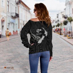 New Zealand Heart Women's Off Shoulder Sweater Map Kiwi mix Silver Fern White
