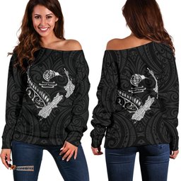 New Zealand Heart Women's Off Shoulder Sweater Map Kiwi mix Silver Fern White