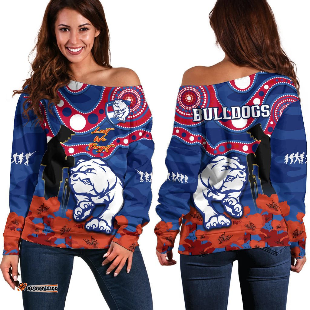 Western Bulldogs Football ANZAC Off Shoulder Sweater Doggies Aboriginal Mix Poppy Camouflage