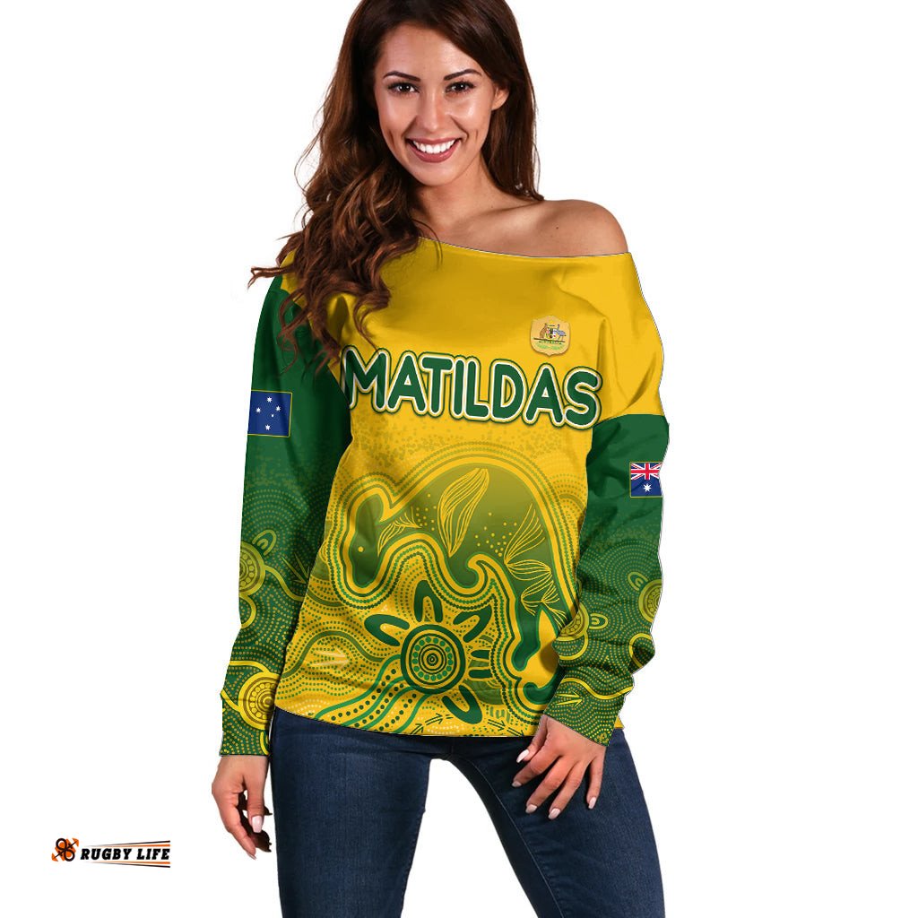 Personalised Australia Soccer Indigenous Off Shoulder Sweater Women World Cup Matildas Gradient Ver.