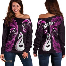 Personalised New Zealand Off Shoulder Sweater Aotearoa Silver Fern With Manaia Maori Unique Pink