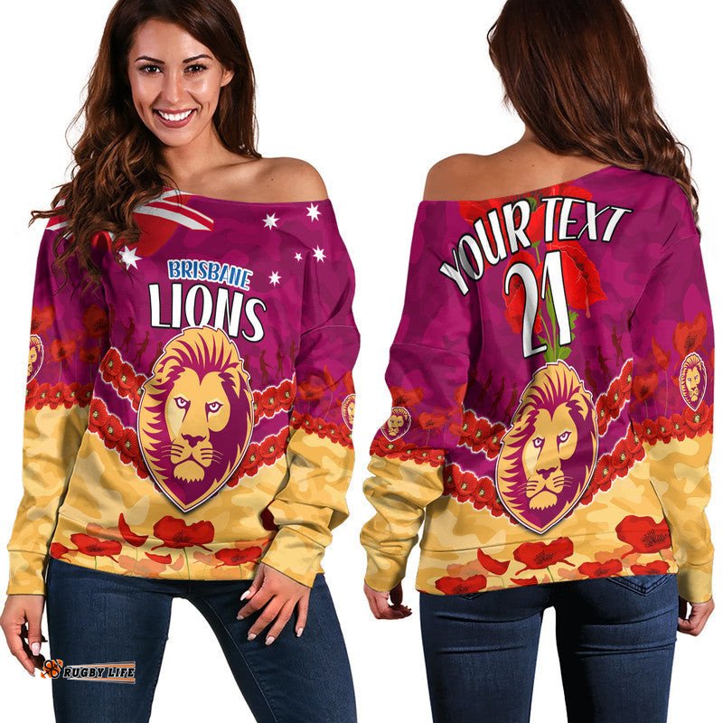 Custom Personalised Brisbane Lions Football ANZAC Women Off Shoulder Sweater Lest We Forget