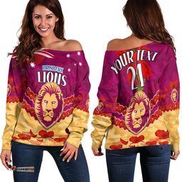 Custom Personalised Brisbane Lions Football ANZAC Women Off Shoulder Sweater Lest We Forget