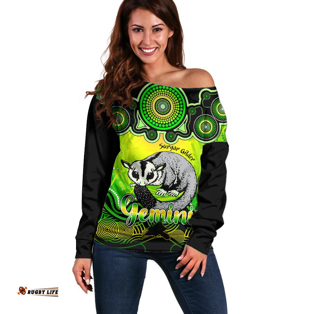 Personalised Australia Gemini Sugar Gilder Zodiac Off Shoulder Sweater Auz Astrology Aboriginal Green