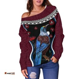 New Zealand Tui Bird Off Shoulder Sweater, Pohutukawa Burgundy