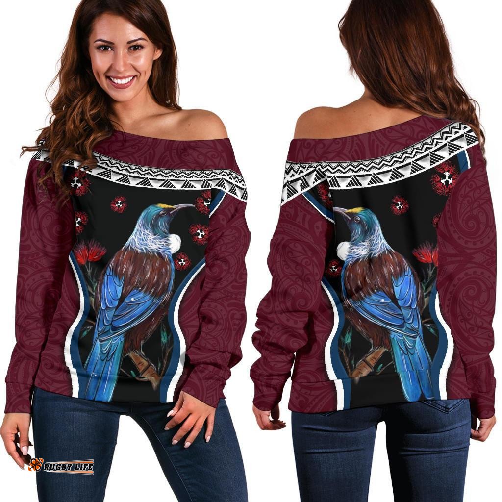 New Zealand Tui Bird Off Shoulder Sweater, Pohutukawa Burgundy