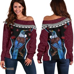 New Zealand Tui Bird Off Shoulder Sweater, Pohutukawa Burgundy