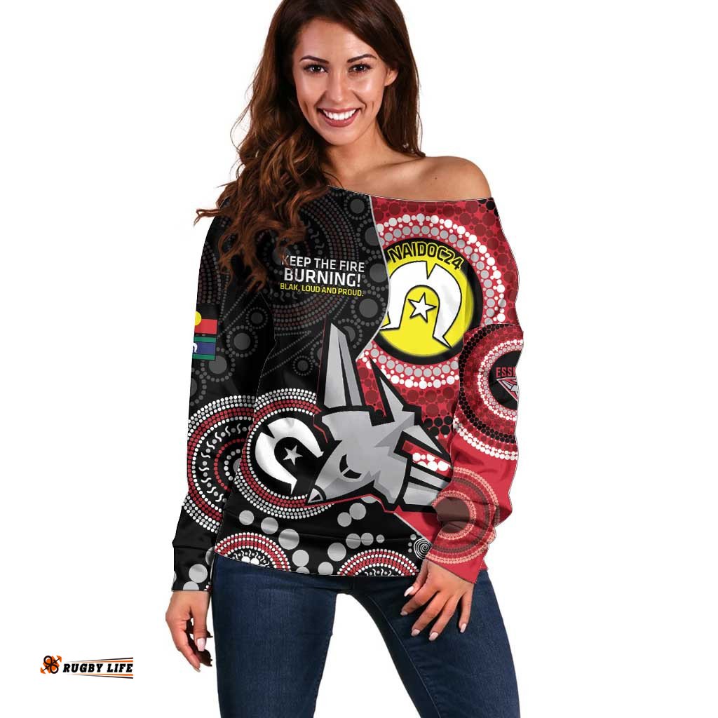 Custom AFL Essendon NAIDOC Week Off Shoulder Sweater Keep The Fire Burning Indigenous Art