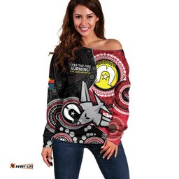 Custom AFL Essendon NAIDOC Week Off Shoulder Sweater Keep The Fire Burning Indigenous Art