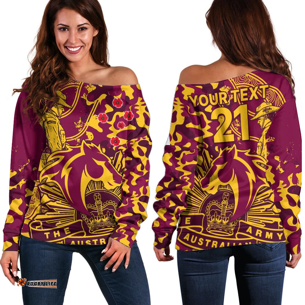 Custom Text And Number NRL ANZAC Broncos Off Shoulder Sweater Camouflage 01