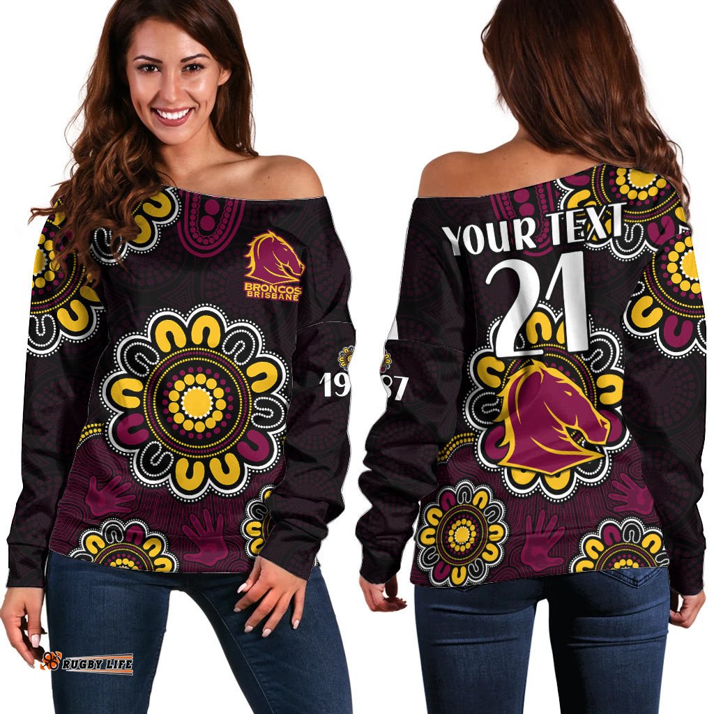Custom Personalised NRL Brisbane Broncos Rugby 1987 Aboriginal Off Shoulder Sweater