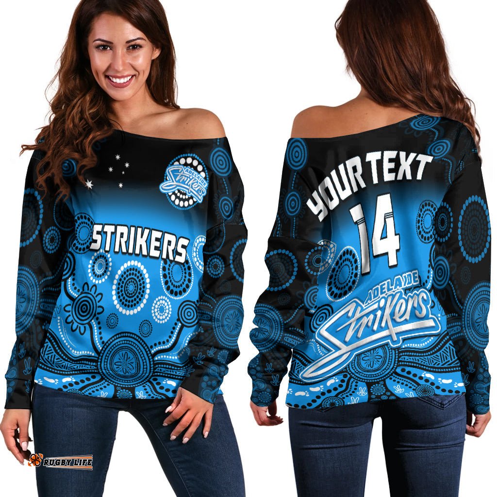 Custom Text And Number Adelaide Strikers Off Shoulder Sweater Gradient Aboriginal Dot Painting
