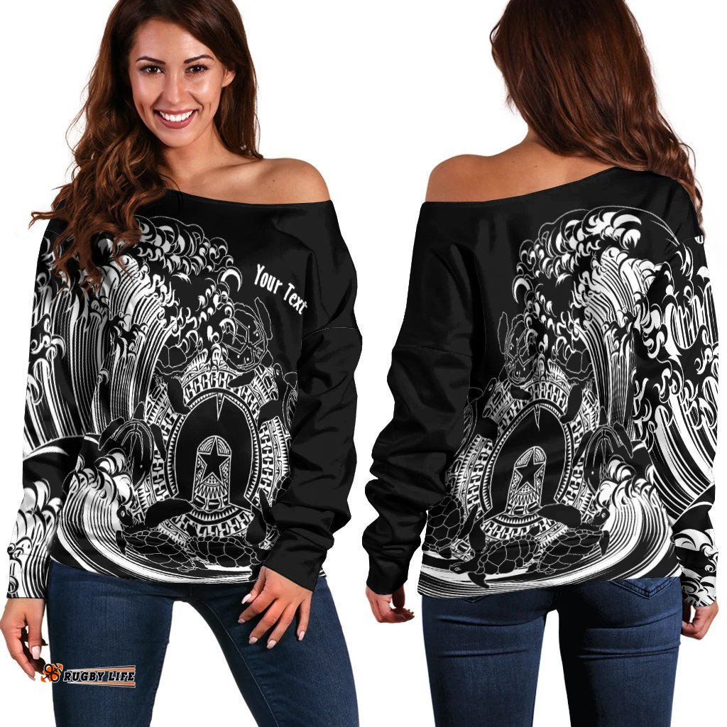CustomAboriginal Women's Off Shoulder Sweater, Torres Strait Islands in Wave Black