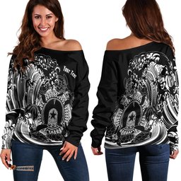 CustomAboriginal Women's Off Shoulder Sweater, Torres Strait Islands in Wave Black