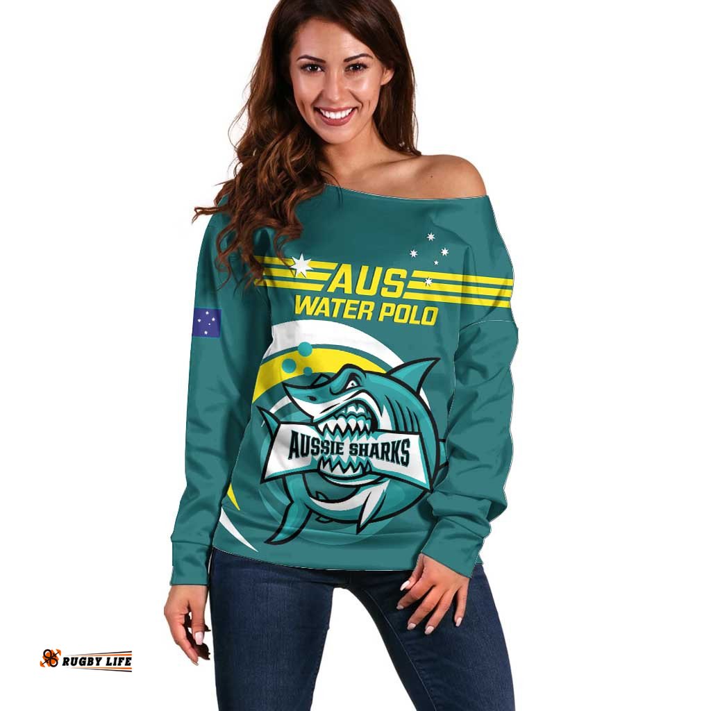 Custom Australia Water Polo 2024 Off Shoulder Sweater Aussie Shark Sporty Version