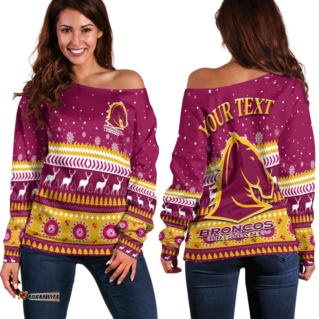Custom Personalised Broncos Aboriginal Off Shoulder Sweater Christmas Brisbane