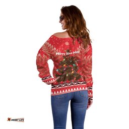 Kiwi New Zealand Christmas Off Shoulder Sweater Meri Kirihimete Silver Fern Red Color