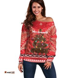 Kiwi New Zealand Christmas Off Shoulder Sweater Meri Kirihimete Silver Fern Red Color