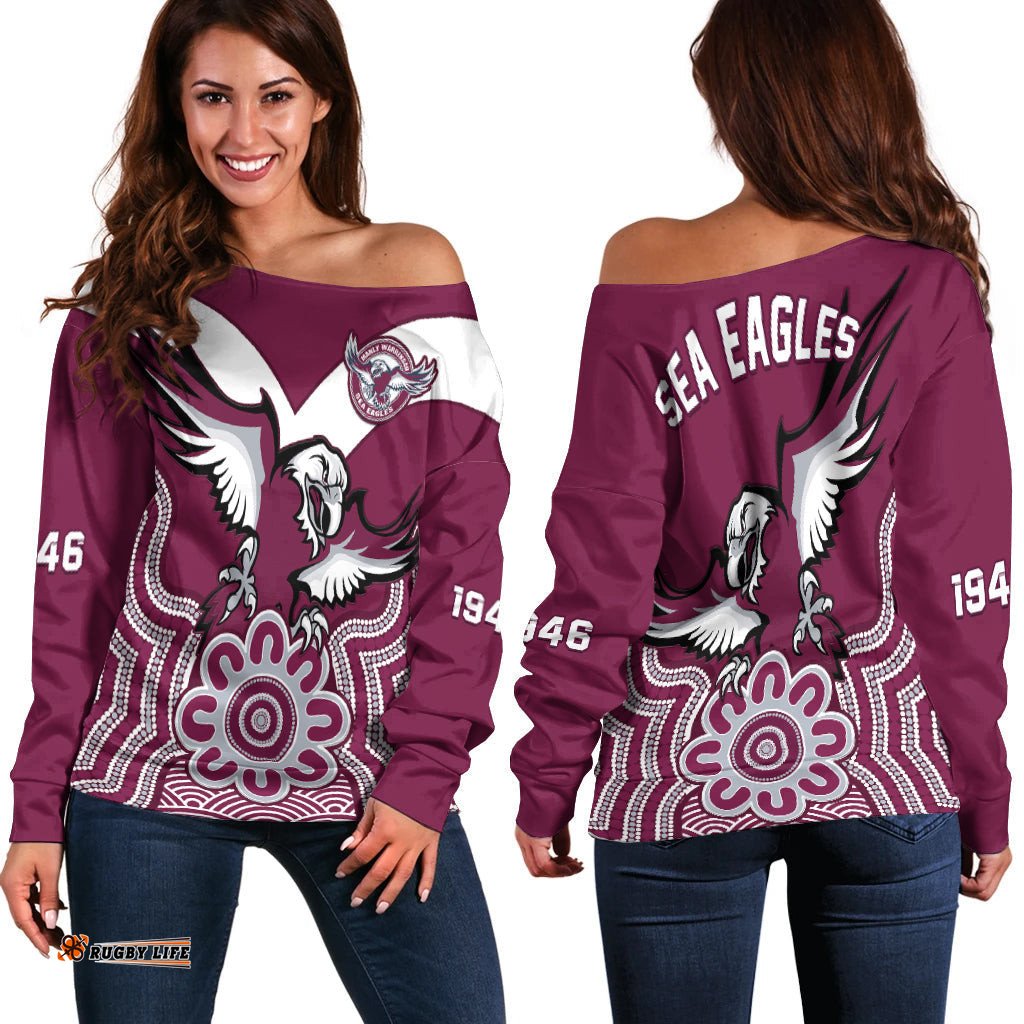 Sea Eagles Rugby Off Shoulder Sweater Manly Warringah Indigenous Art