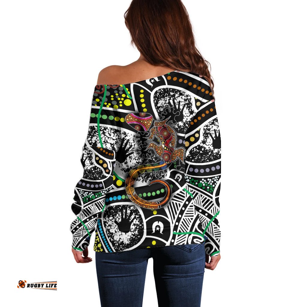 Aboriginal Lizzard Pattern Dot Art Off Shoulder Sweater