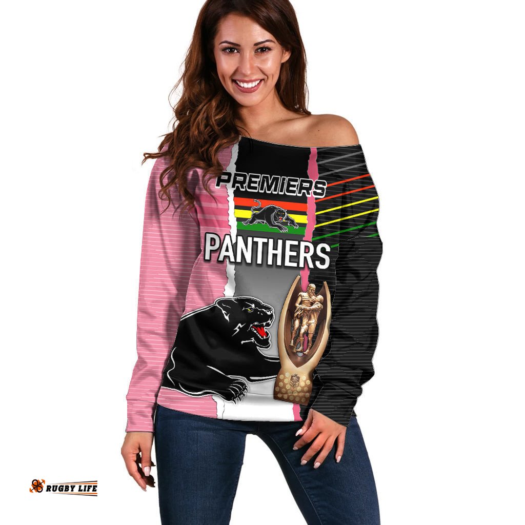 Personalised Panther Rugby NRL Premiers Off Shoulder Sweater Panther Pride Black & Pink Sporty Vibe