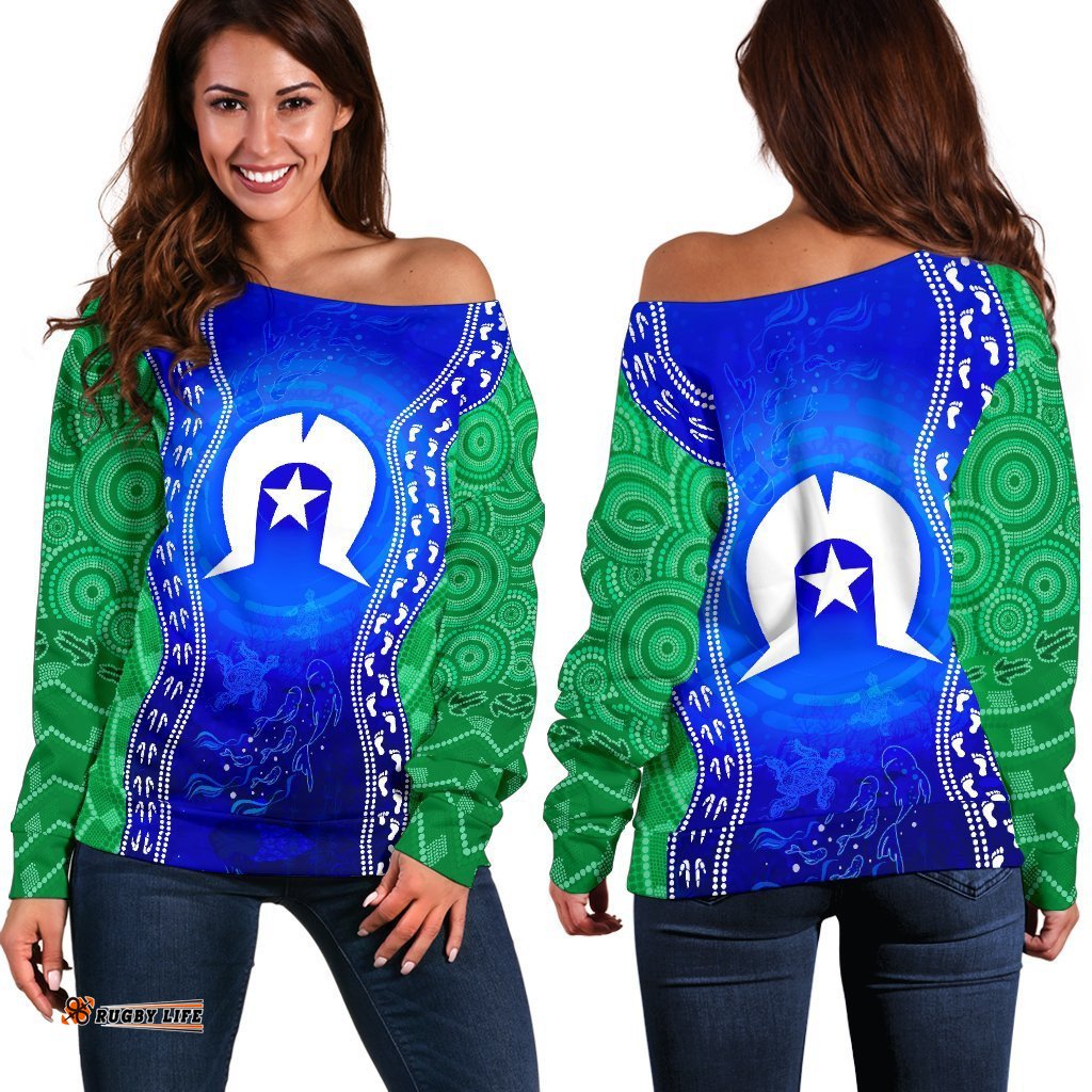 Torres Strait Islanders Women's Off Shoulder Sweater Torres Symbol With Aboriginal Patterns