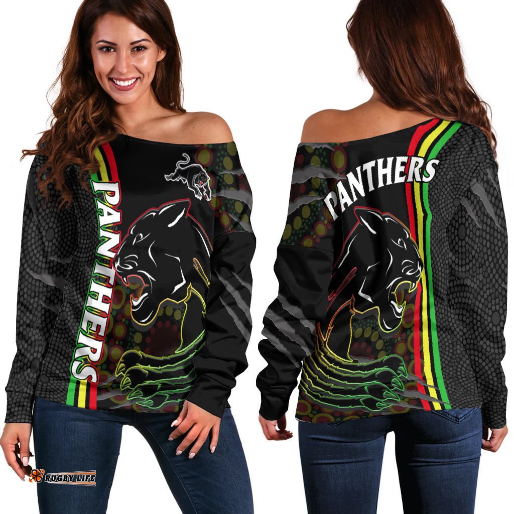 Penrith Panthers Rugby Off Shoulder Sweater The Mountain Men Aboriginal Art Dynamic