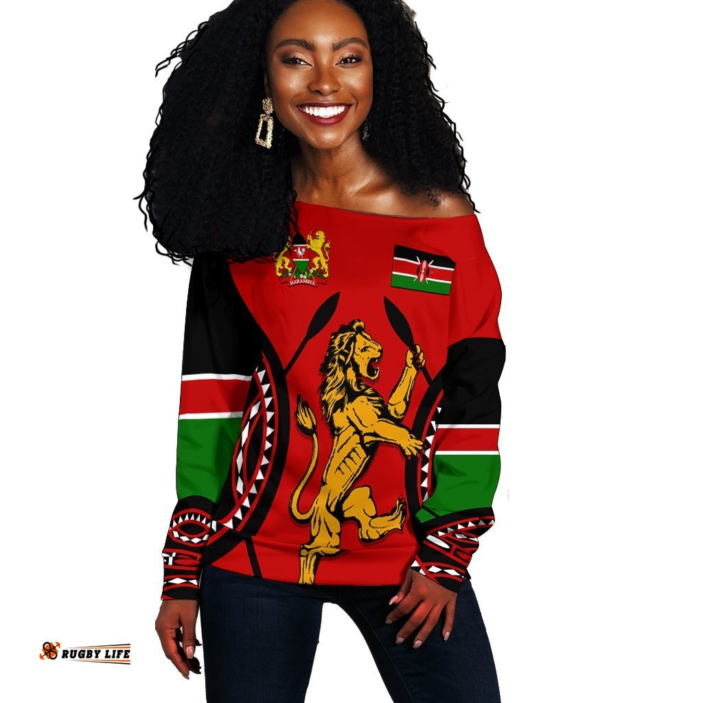 Kenya Rugby Lion Off Shoulder Sweater Maasai Shield
