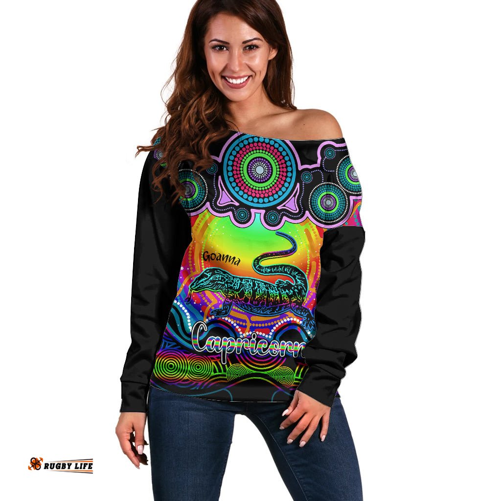Personalised Australia Capricorn Goanna Zodiac Off Shoulder Sweater Auz Astrology Aboriginal Rainbow