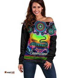 Personalised Australia Capricorn Goanna Zodiac Off Shoulder Sweater Auz Astrology Aboriginal Rainbow