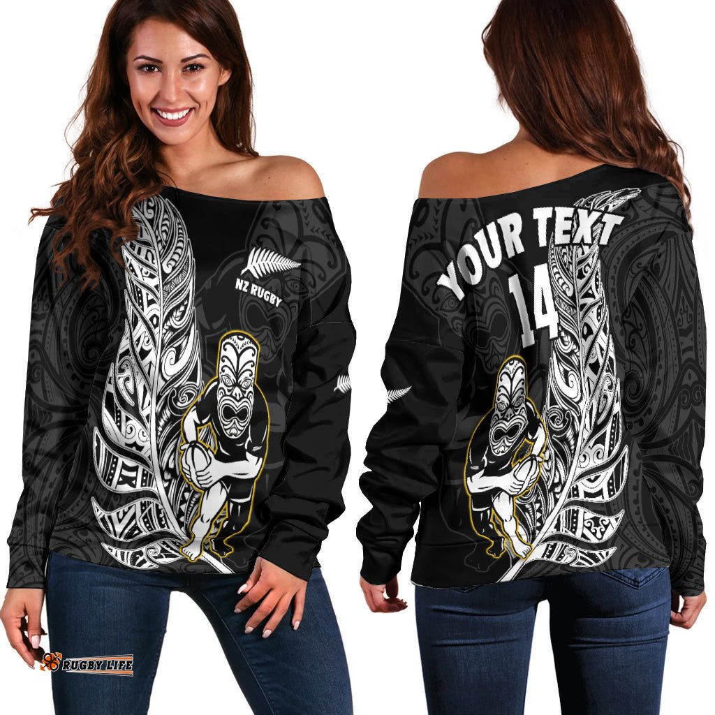 Custom Text And Number New Zealand Silver Fern Rugby Off Shoulder Sweater All Black Maori Version Black